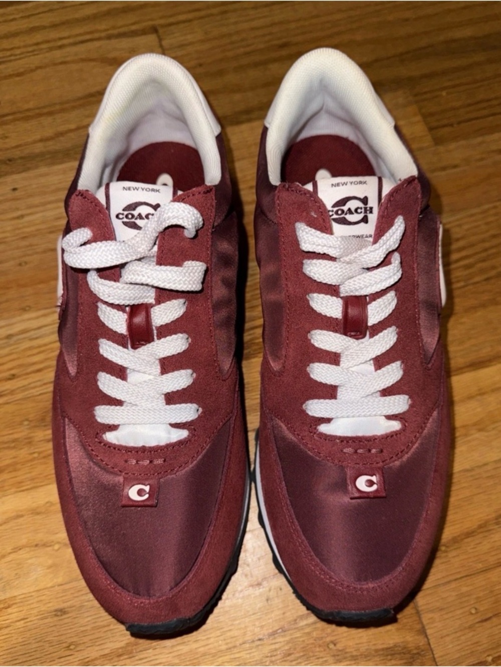 Coach Burgundy Satin Runner Sneakers with White Laces